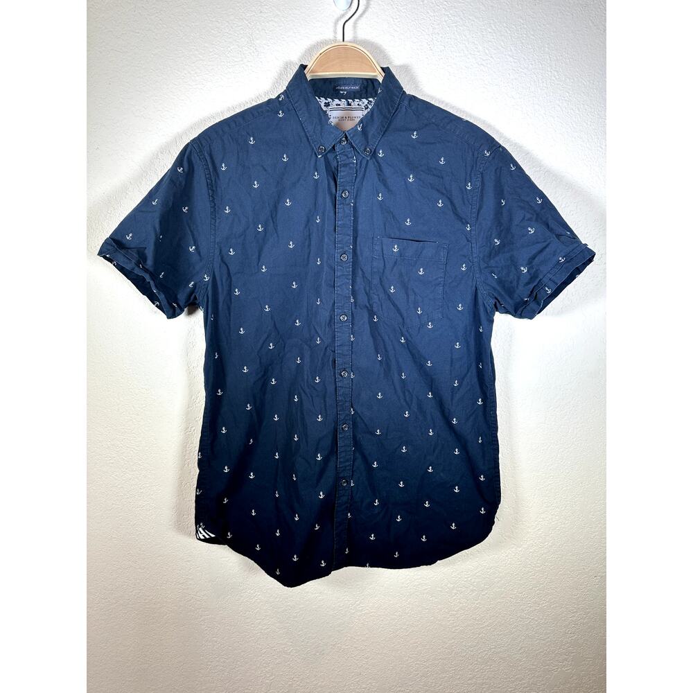 Denim & Flower Ricky Singh Mens M Navy Button-Up Shirt White Anchor Print Cotton